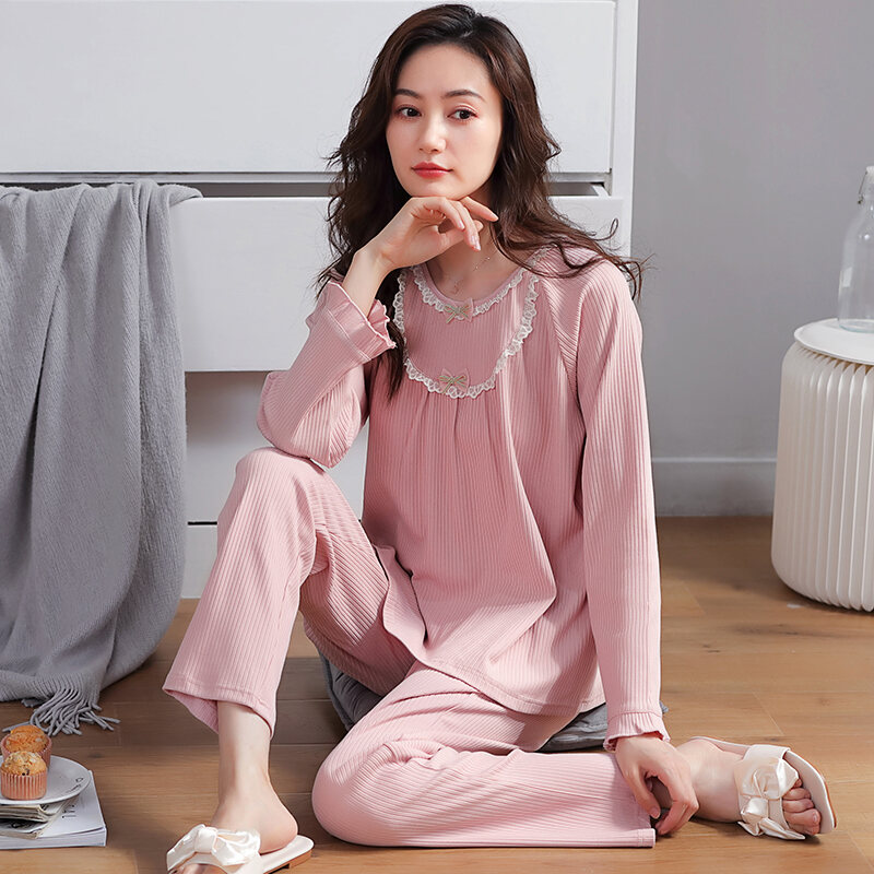 Pajamas Women's Pullover Spring and Autumn Fall Pure Cotton Long Sleeve Home Wear Middle-Aged Mom Pullover Casual Large Size Suit
