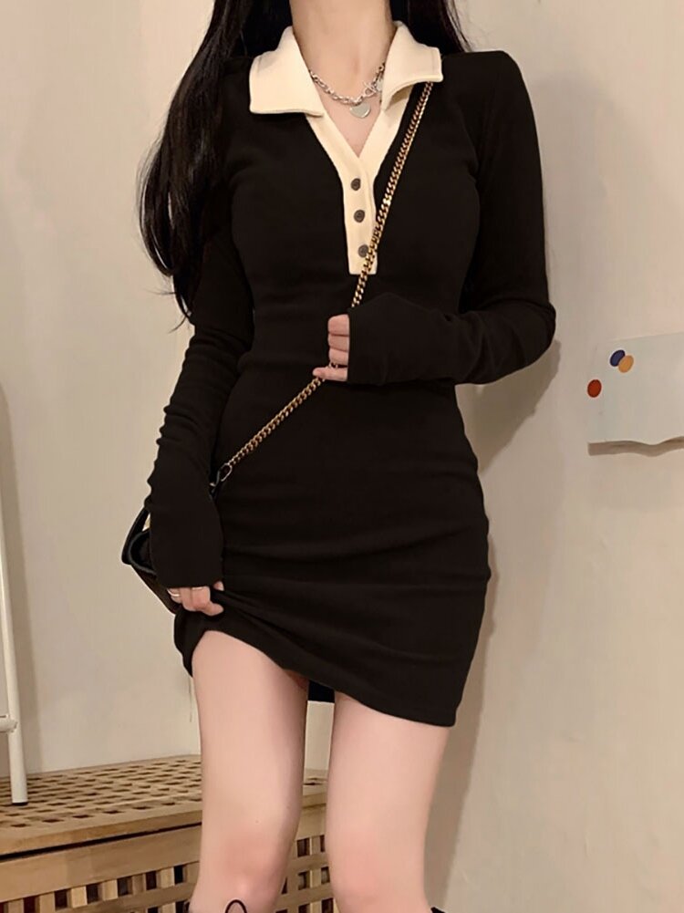 Hot Girl Cool Style Dress Women's Spring New Slim-Fit Long-Sleeved High-End Base Adult Lady like Woman Hip Knitwear Short Dress