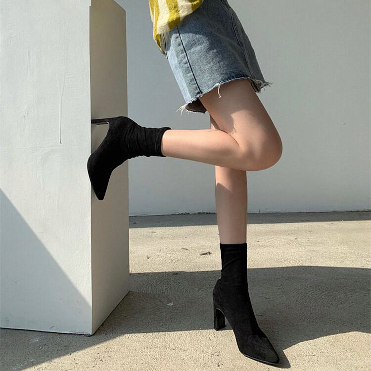 [Starkela] Flat Heel Pointed High Heel Elastic Socks Boots Women's Bag Leg Slimming Chunky Heel Suede Ankle Boots Skinny Boots