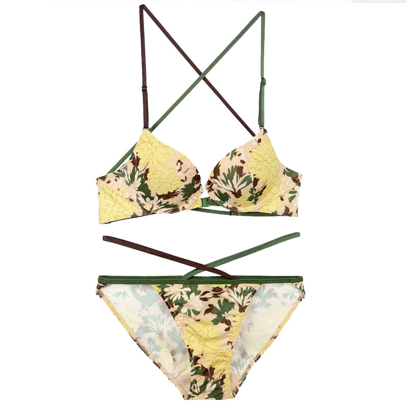South korea Women Underwear Front Buckle Beauty Back Print Bra Sexy Push up Comfortable Girl Thin Bra Set