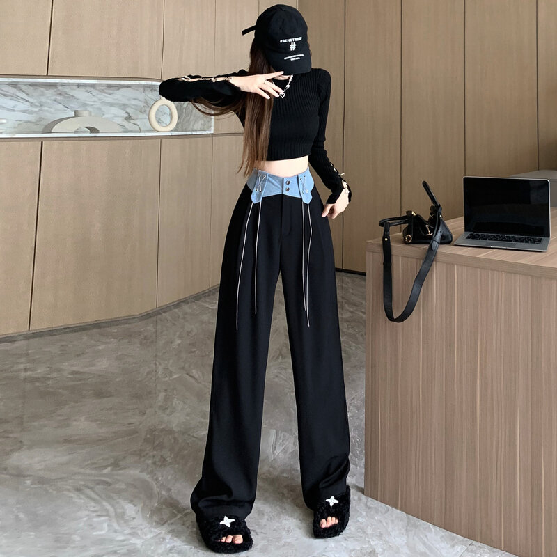 Design Denim Stitching Wide-Leg Pants Women's High Waist Drooping 2022 Autumn New Loose Slimming Casual Mopping Pants