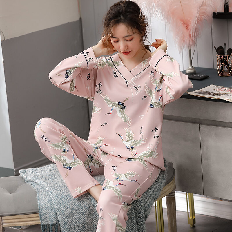 Pajamas Women's Spring and Autumn Pure Cotton Long-Sleeved New Style Minimalist V-neck Loose Homewear Mother's Autumn Suit Large Size