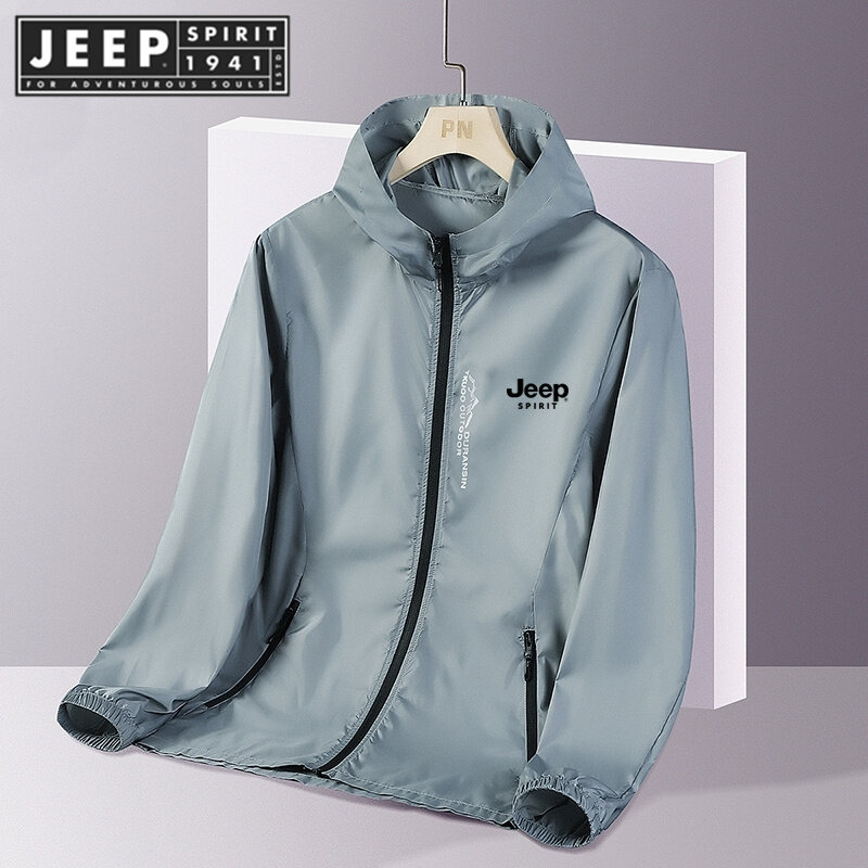 JEEP SPIRIT 1941 ESTD Summer Men's Sunscreen Suit, Sunscreen Ice Silk Jacket, Large Casual Outdoor Apparel Ultra Light Jacket, Sunscreen Breathable