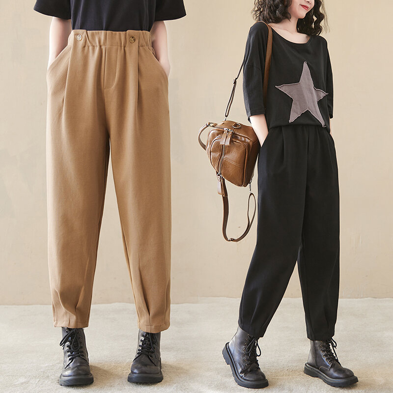 2023 Spring New Cotton and Linen Large Size Loose Harem Pants Women's Casual All-Match High Waist Slimming Tappered Cropped Pants