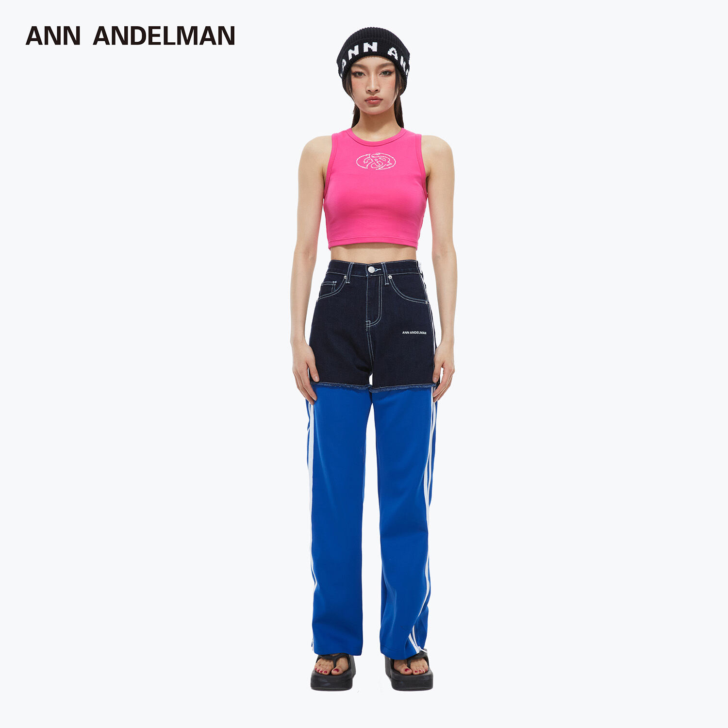 Official Direct Sale Ann Andelman Casual Pants Women's Side Zipper Two-Color Denim Stitching Straight High Waist Trousers