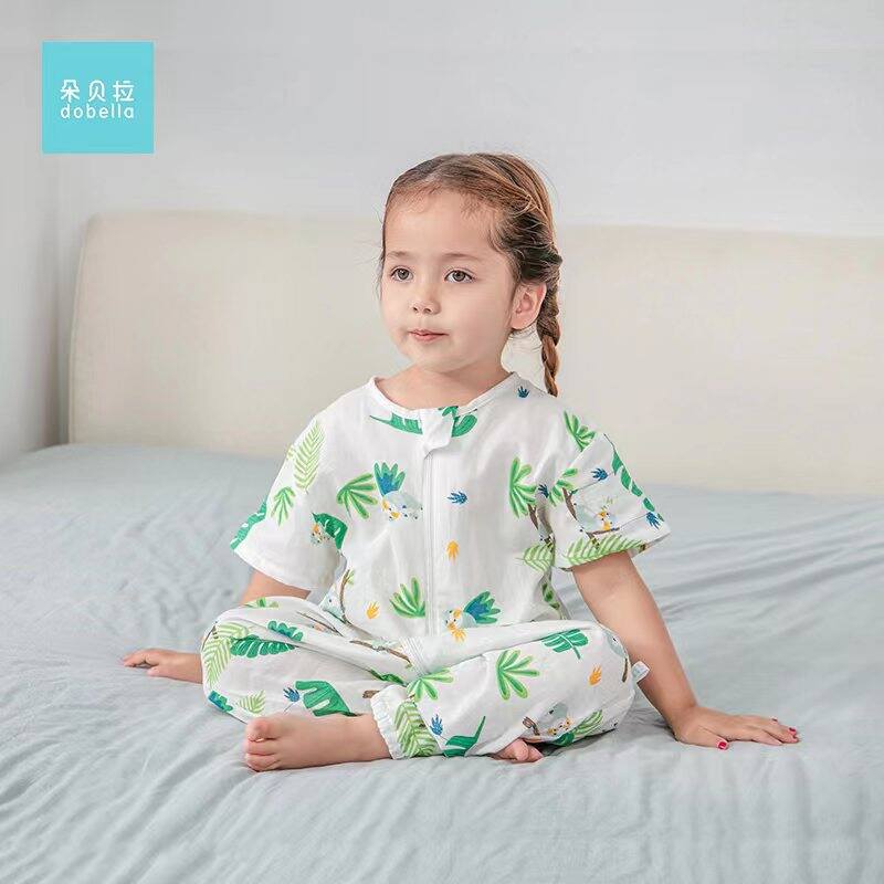 Two-Layer Gauze Split Leg Sleeping Bag Baby Children Spring and Summer Ultra-Thin Large and Medium Children Baby Anti-Kick Quilt One-Piece Short sleeve Cotton