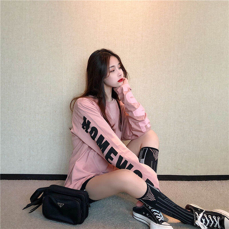 T-shirt Girls Korean Style Chic Loose Letter Printed Long-Sleeved Top Autumn New Student All-Match Slim Looking T-shirt
