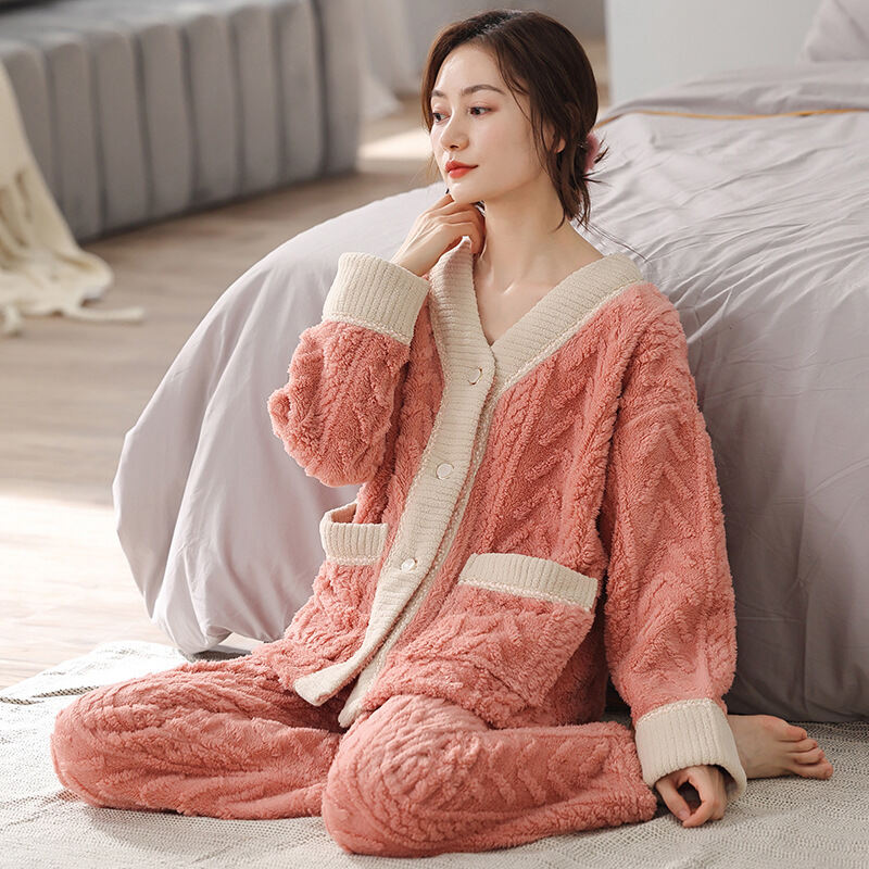 Japanese Pajamas Women's Winter Coral Fleece Fleece-Lined Thickened Pajama Pants Warm Outerwear Homewear Suit Flannel