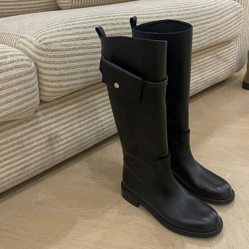 Howus Small Golden Button Bag Long Boots Female Korean Style Leather High-Top Knight Boots Versatile Slimming below the Knee Fashion Boots