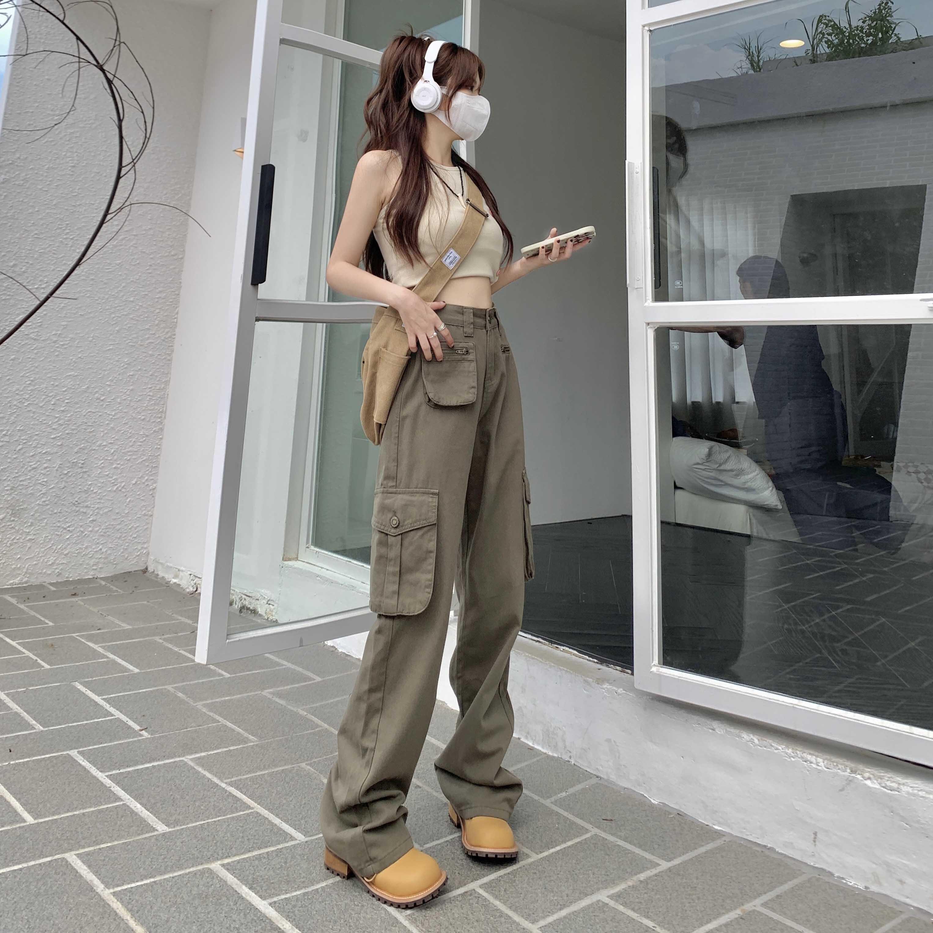 American Street Overalls Women's Summer Loose Straight Designed Hot Girl High Street Ins Casual Wide Leg Denim Trousers