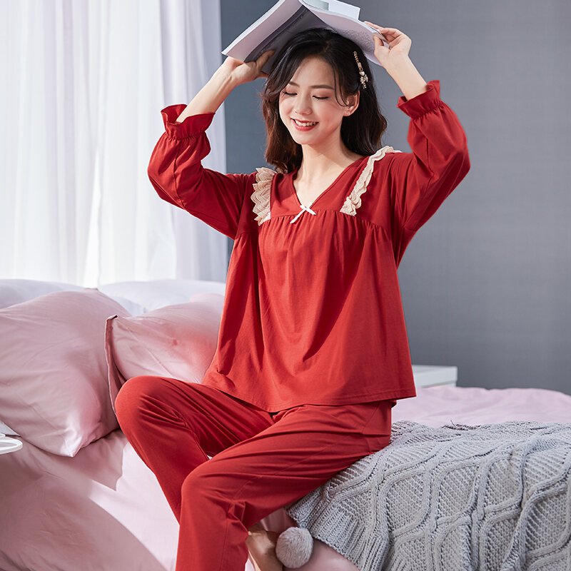 Pajamas Women's Spring and Autumn Long-Sleeved Animal Year Red Autumn and Winter New Large Size Cotton Homewear Wedding Set