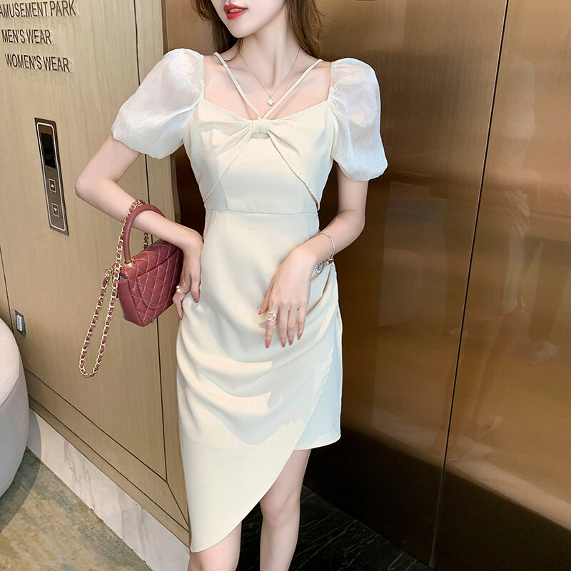 2023 High-End Summer New Women's Clothing High-Grade Irregular Skirt off-Shoulder Halter Puff Sleeve Dress