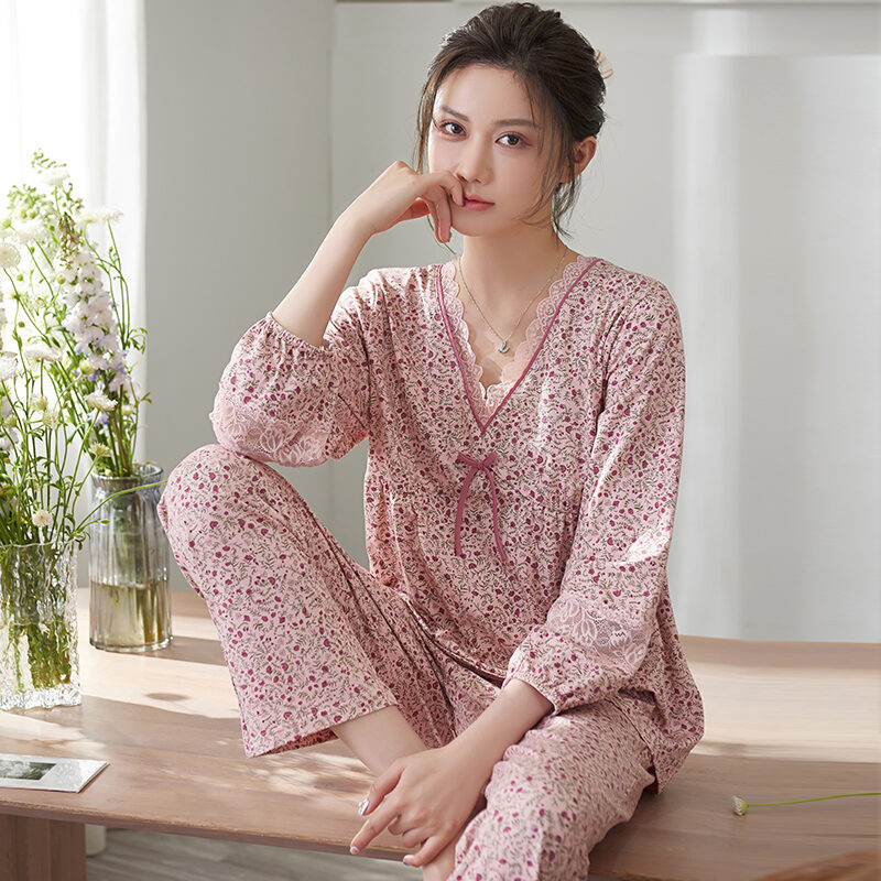 Pajamas Women's Spring and Autumn Long-Sleeved Mercerized Cotton Printing 2023 New Homewear Middle-Aged Mother Loose Outfit