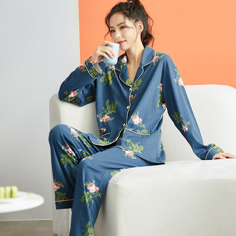 Pajamas Women's Spring and Autumn Long-Sleeved Lapel 2021 New Casual Printed Homewear New Mother Loose Outfit