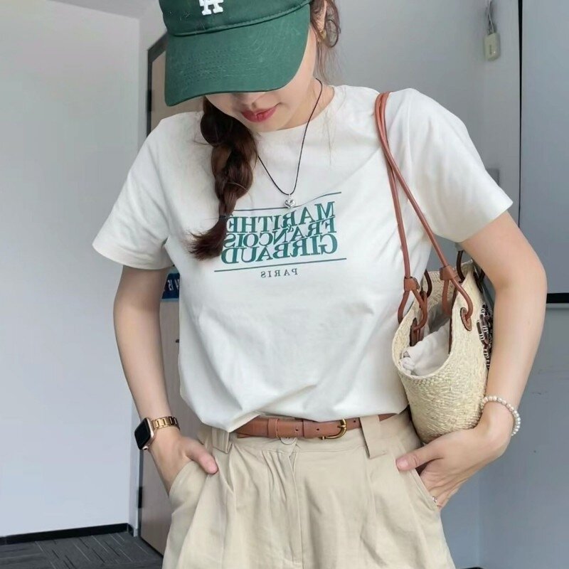 South Korea Genuine Goods Marithe Car Jingyuan Same Style Silm Shoulder Width Loose Slim Looking Ins Style Letter Short Sleeve Men and Women Summer