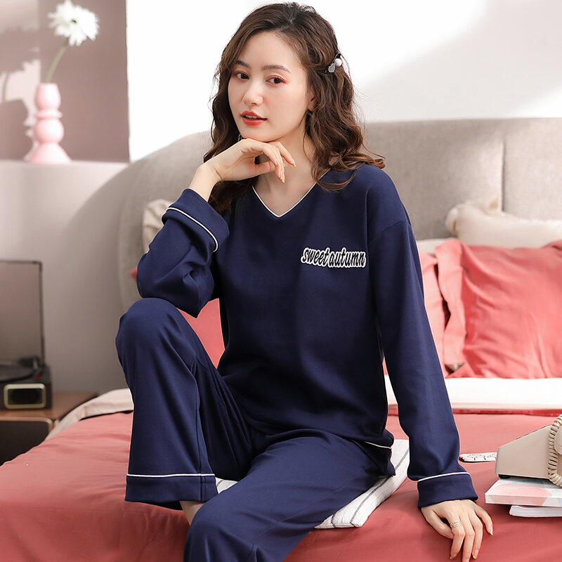 Women's Pajamas 2022 Spring and Autumn New Pure Cotton Long Sleeve Pullovers Home Wear Middle-Aged Leisure plus Size Mom Suit