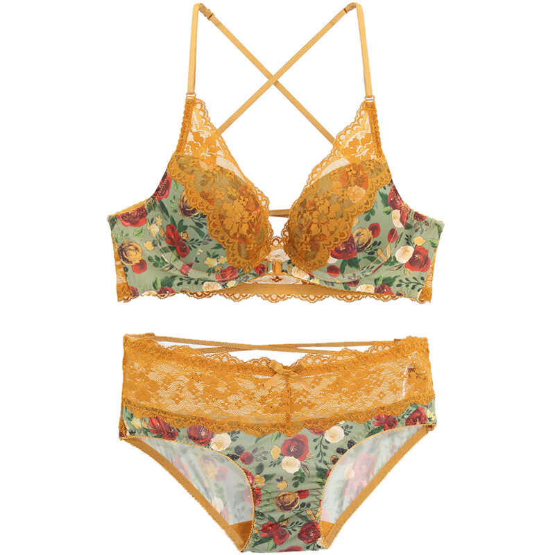 Korean Underwear Spring and Summer New Lady Sexy Buckled Front and Shaped Back Lace Bra Set Small Breasts Push up Bra Underwear