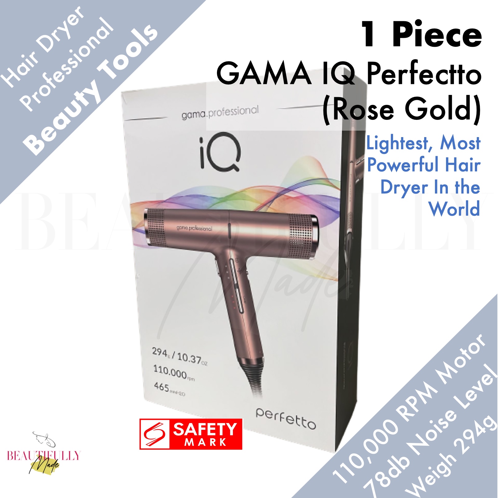 Gama Professional IQ Perfectto Hair Dryer (Rose Gold Edition) - Most Advanced, Most Compact Design and Lightest Weight Blow Dryer Hairdryer in the World