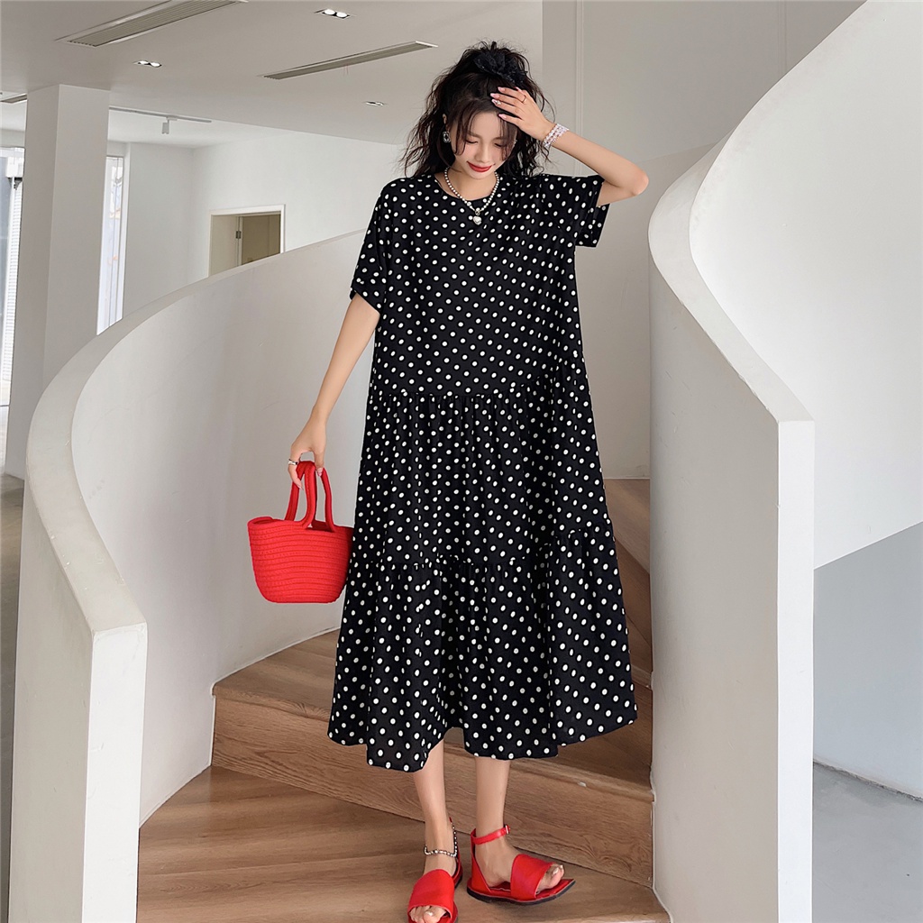 Oladivi Plus Size Women Short Sleeve Fashion Polk Dot Printed Dress 2023 Summer New Casual Loose Oversized Midi Dresses Vintage Ladies Big Tunic Robe L XL XXL 3XL 4XL 9871 F054