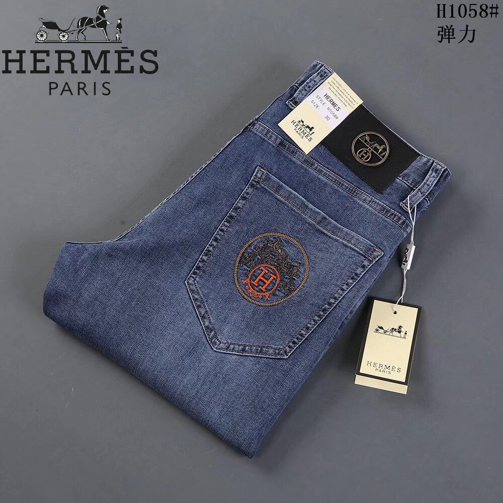 Original Hermesˉ Men's Stretch Jeans Classic Style Straight Pants Business Fashion Slim Jeans Men's Brand Casual Trousers