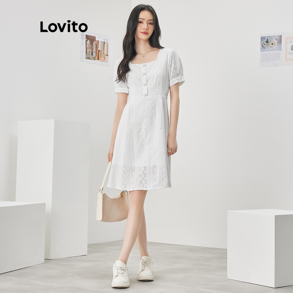 Lovito Casual Plain Draped Tighten The Waist Pearl Buttons Dress for Women L52AD072 (White)