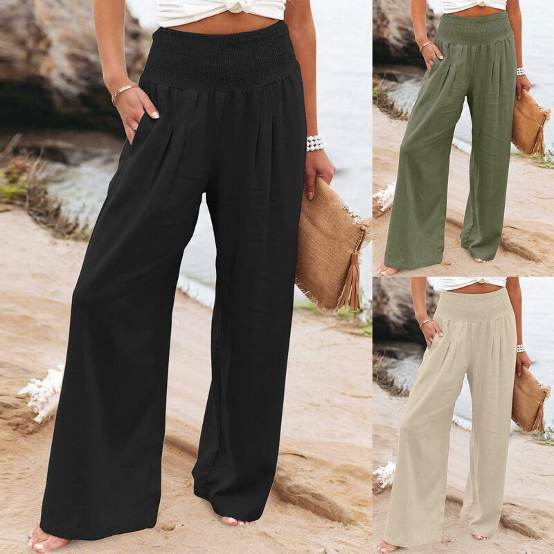 Cyprus Womens Plain Loose Side Pockets Long Pants Casual Elastic Waist Trousers