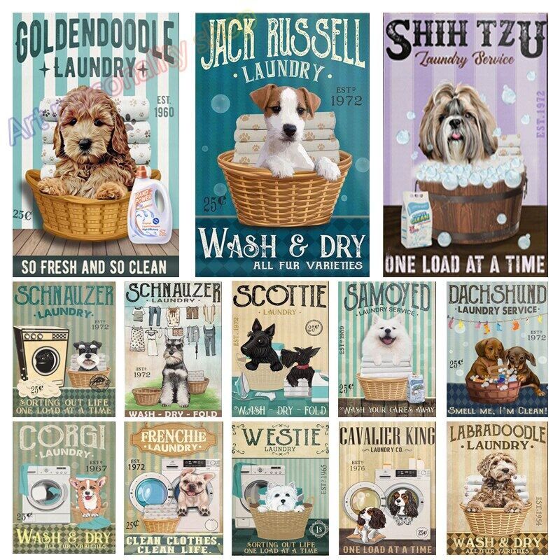 Vintage Metal Tin Sign Pet Cavalier King Charles Spaniel Bath Shap Dog Art Plaque Year Poster for Bathroom Home Decor 12x16inch