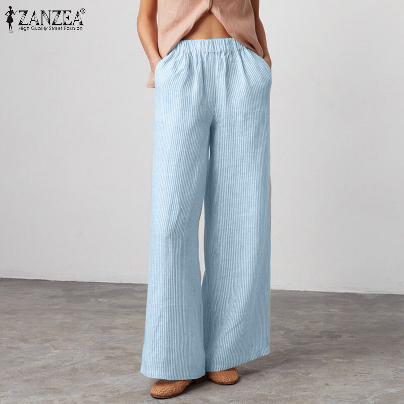 ZANZEA Women's Casual Elastic Waist Trousers Holiday Baggy Striped Printed Pants High Waist For Women #15