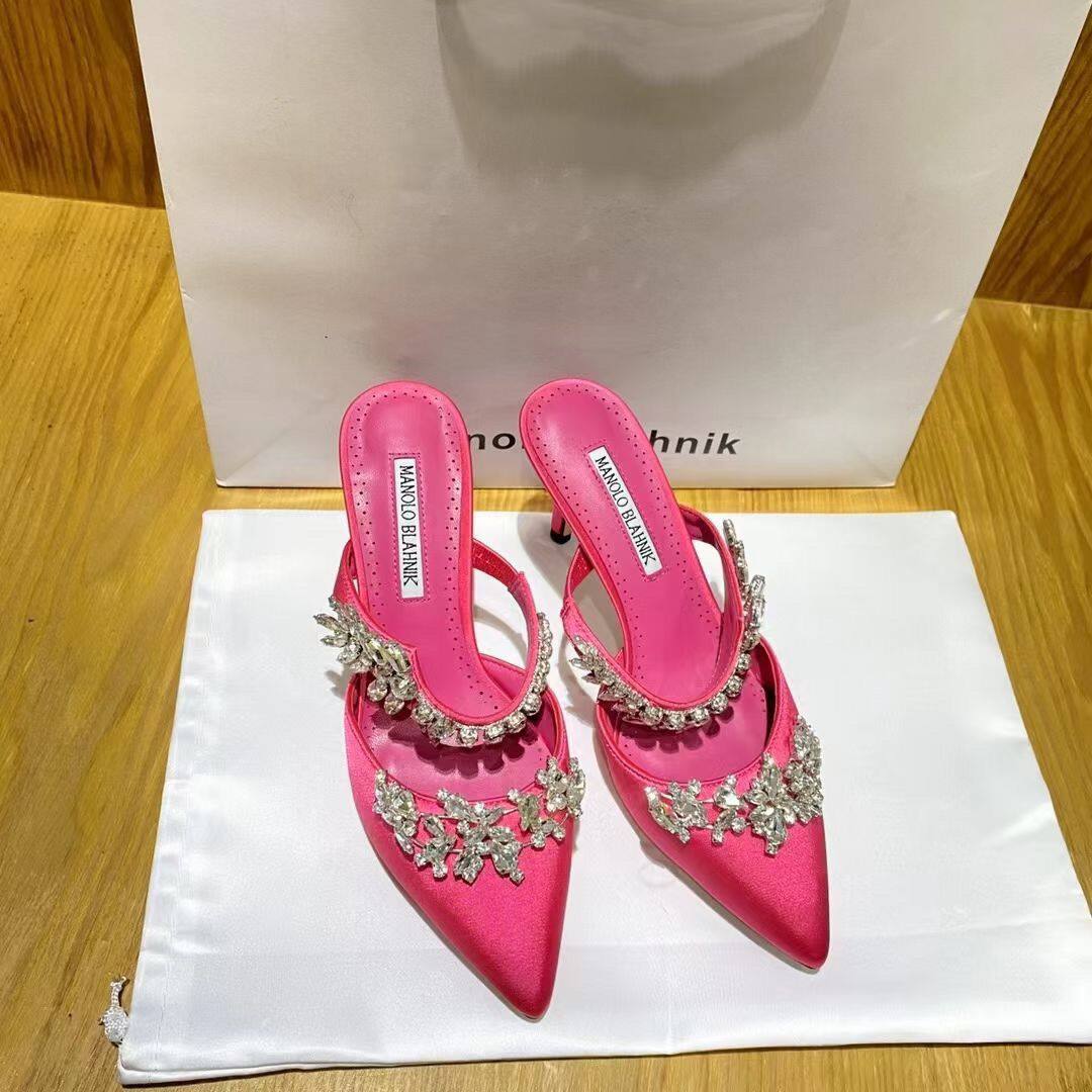 2023 summer new manolo blahnikˉflower diamond slippers Fashion pointed chain high heel sandals and slippers