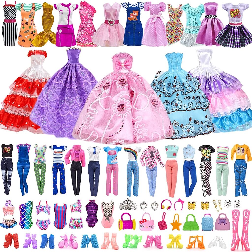 50 Pcs Doll Clothes Outfit for Barbie Doll, 11.5 Inch Doll Accessories Collection with 3 Princess Dress+10 Dress+6 Tops+6 Pants+5 Bikini+5 Accessories+5 Bags+10 Shoes(Random style)