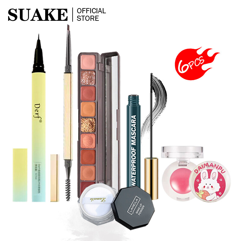 SUAKE 6 pcs Convenient Personal Makeup Set Eyeline pen+eyebrow pen+Eye Shadow+Loose Powder+Lipstick+Mascara