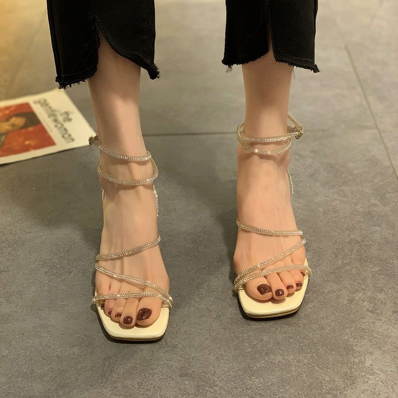 High-heeled s temperament fairy style -heel 23 summer new rhestone net red thick-heeled shoes C427♛✑❣