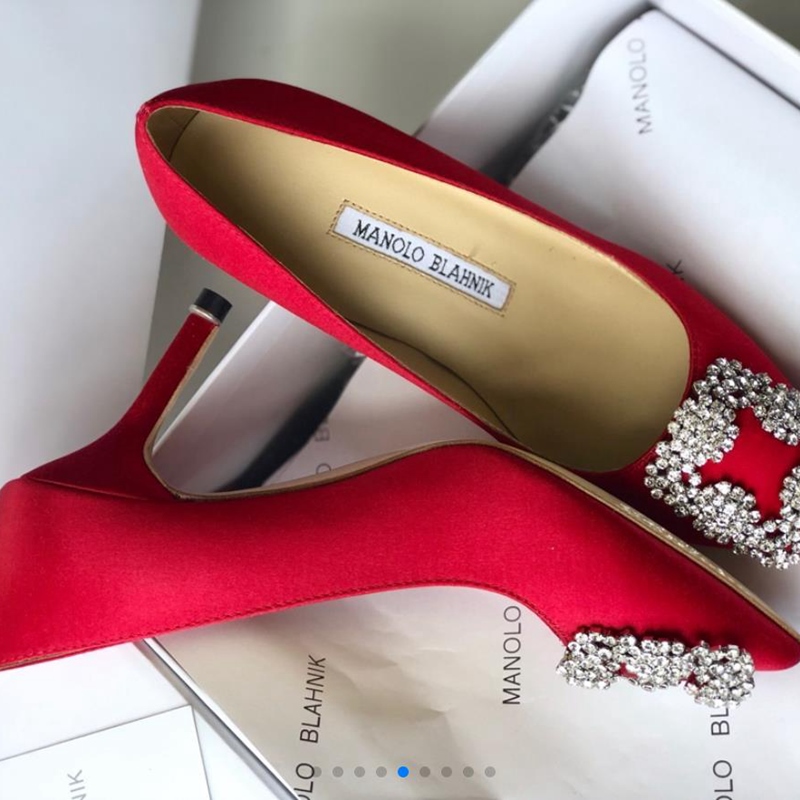 Manolo Blahnik Women's High Heels Red Sexy Stiletto Pointed Diamond Korean Version Banquet Women's Shoes 34-40