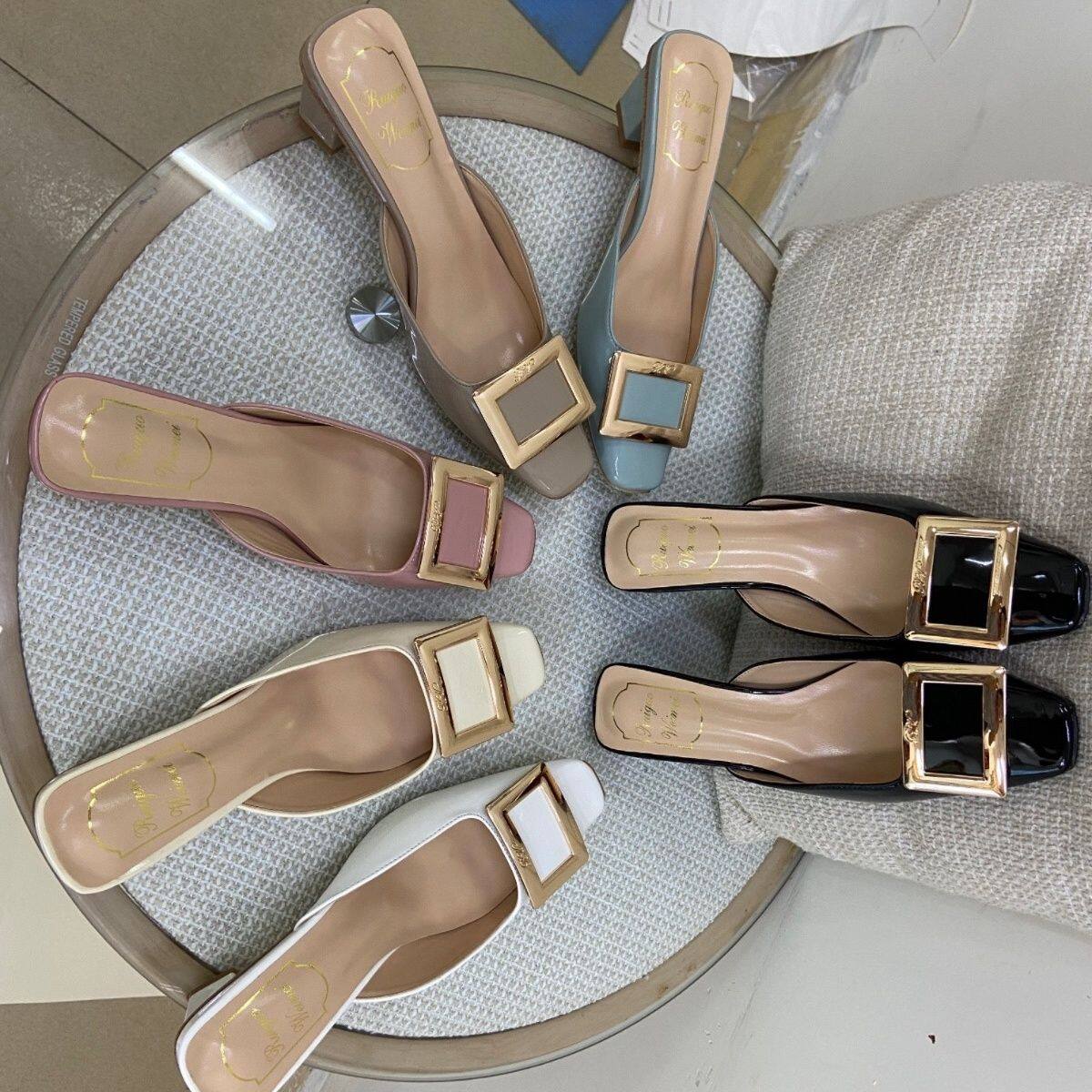 2023 Roger vivierˉnew summer - square-headed half slippers women wear square-headed thick heel square-button slacker sandals