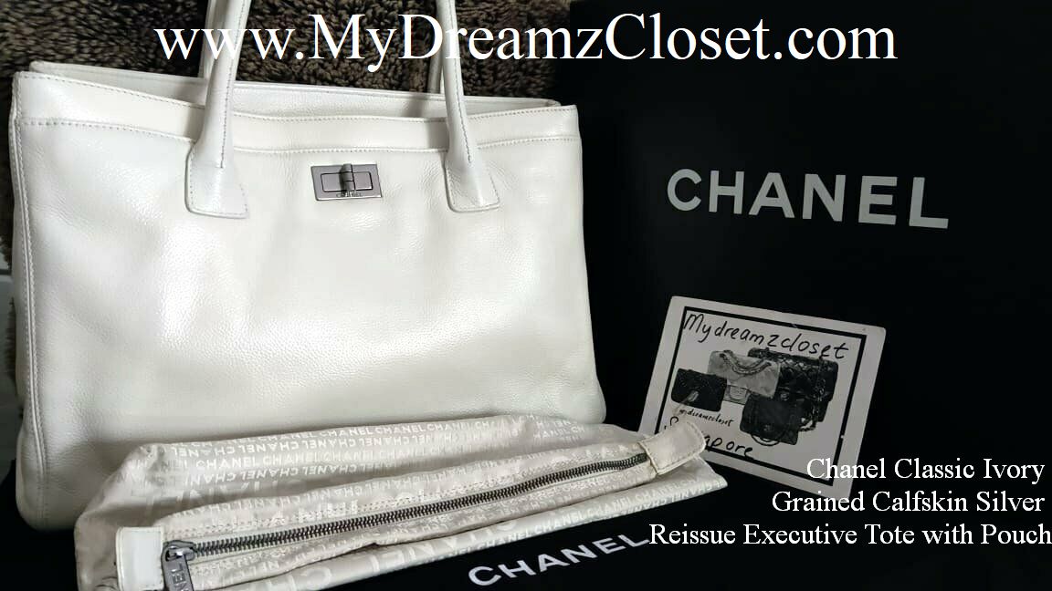 Chanel Classic Ivory Grained Calfskin Silver Reissue Executive Tote with Pouch
