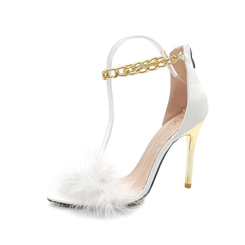 Super High Heel Sandals Fairy Style 2023 Spring/Summer New Metal Chain Slim Heel Pointed Sexy Fur High Heels