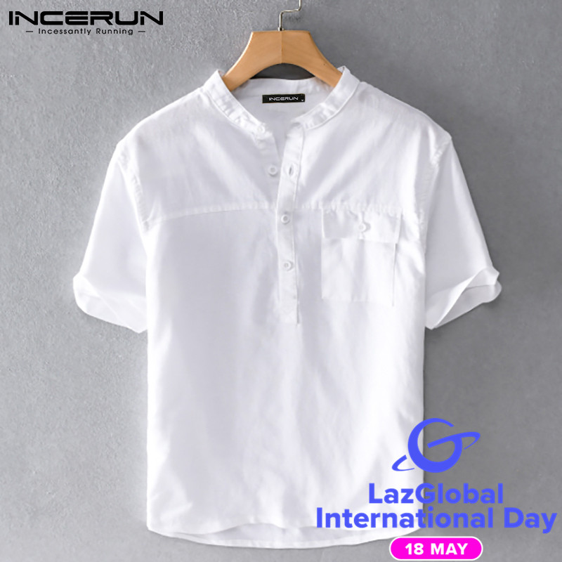 INCERUN Mens Short Sleeve Linen Shirt V Neck Causal Fit Beach Yoga Blouse (Cotton Linen)