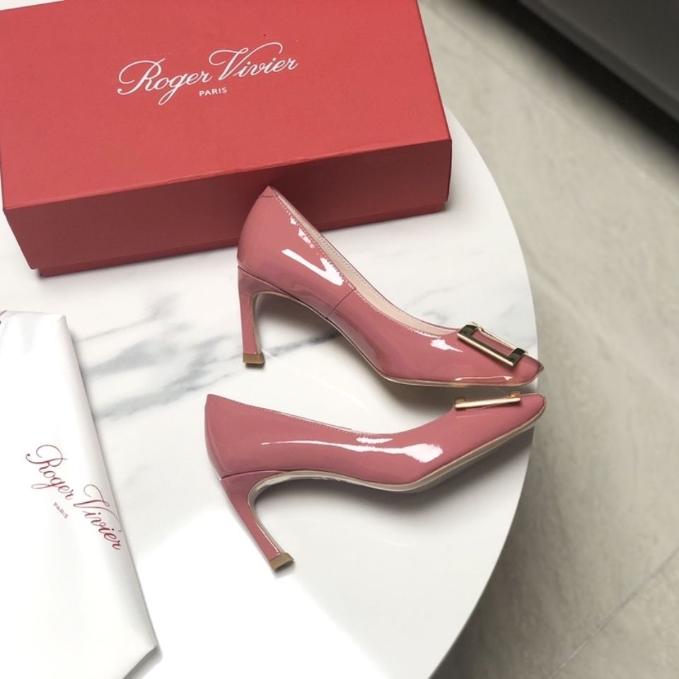 2022 Classic Square Toe Roger vivierˉSquare Buckle Banana Heel High Heel Shallow Mouth Women's Shoes Professional Dress Heels