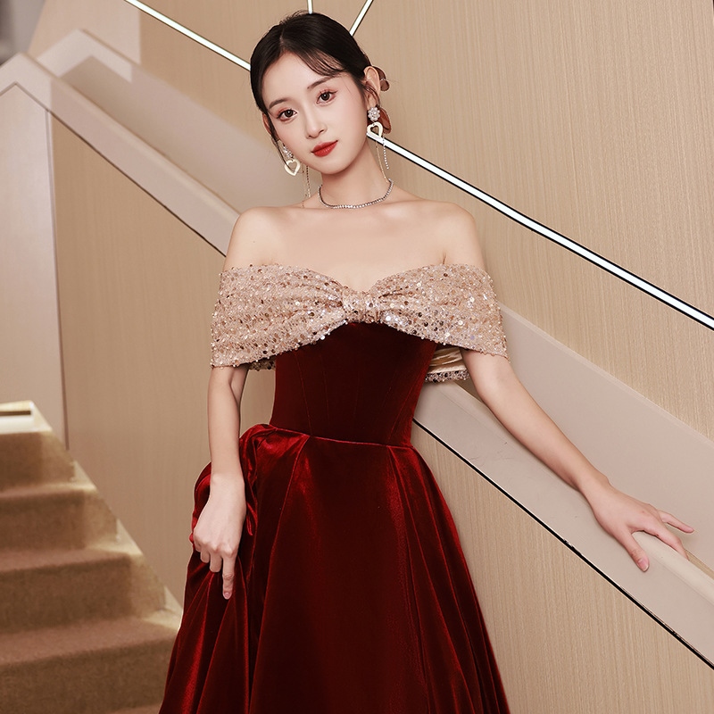 st dress bride 23 new summer we red one-shoulder high-end engagement slim dress female banquet temperament A425✼❁❖