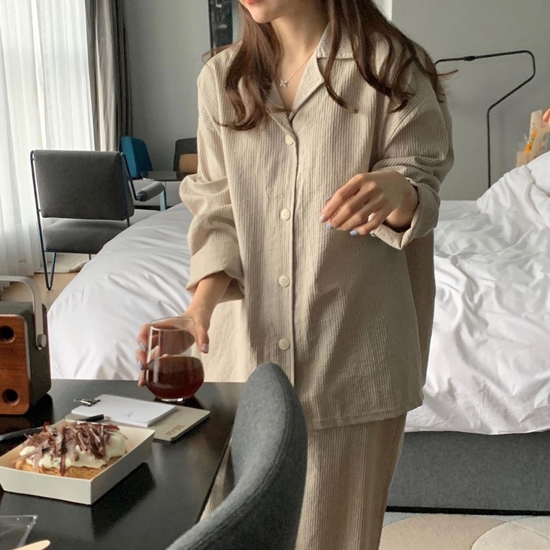 Ladies underwear Pure cotton pajamas ladies spring and autumn long-sleeved leisure large size high-end solid color cotton home service suit can be worn outside