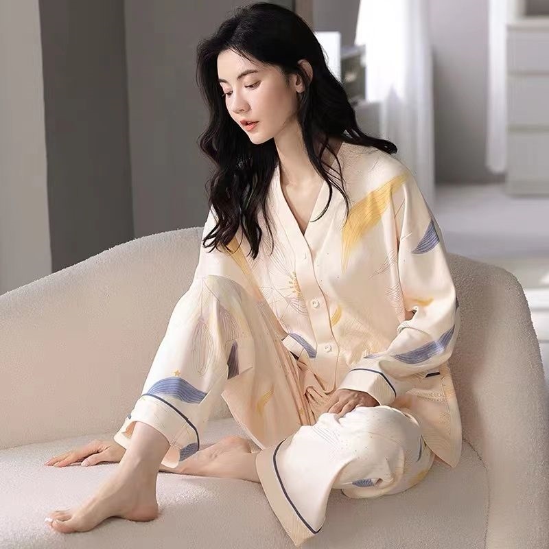 Ladies underwear High-grade 100 cotton pajamas women's spring and autumn long-sleeved new cotton kimono can be worn outside home service suit winter