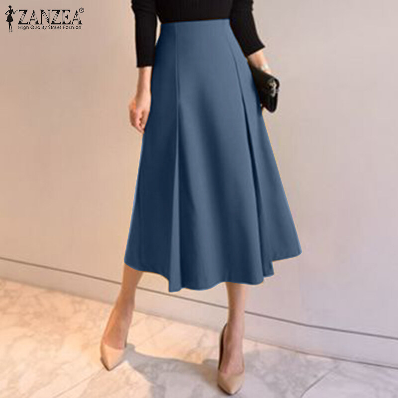 ZANZEA Korean Style Women Causal High Waist Dress Skirt Pleated A-Line Midi Soild Overskirts #11