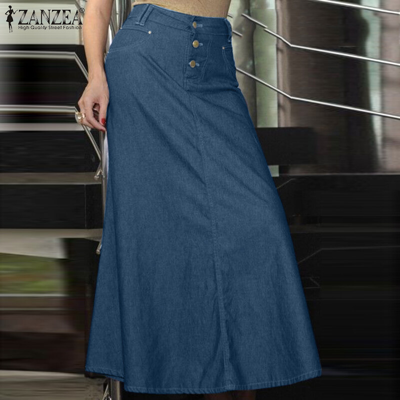 ZANZEA Women Casual Loose Long Maxi Skirt High Waist Button Up Plain Baggy A-Line Skirts