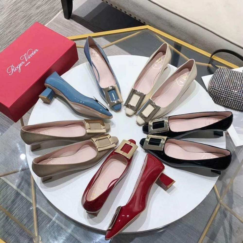 2022 New Roger vivierˉSpring and Autumn Shallow Mouth Versatile Square Buckle Single Shoes Thick Heels Medium Heels High Heels
