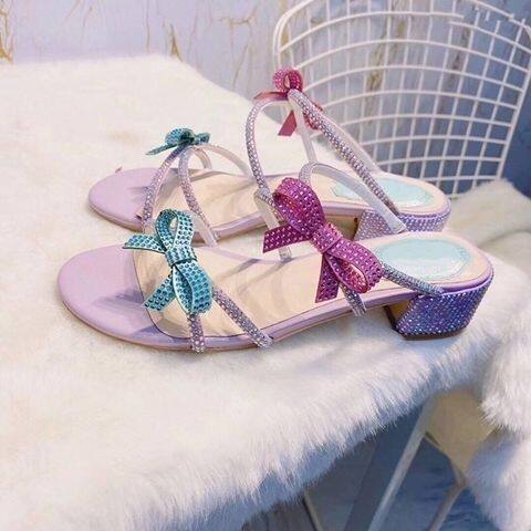 Rene caovillaˉ Bowknot Sandals Women's 2022 Summer New Fashion Fashion Comfortable Purple Thick Heel Sandals Versatile Open Toe Flat Shoes