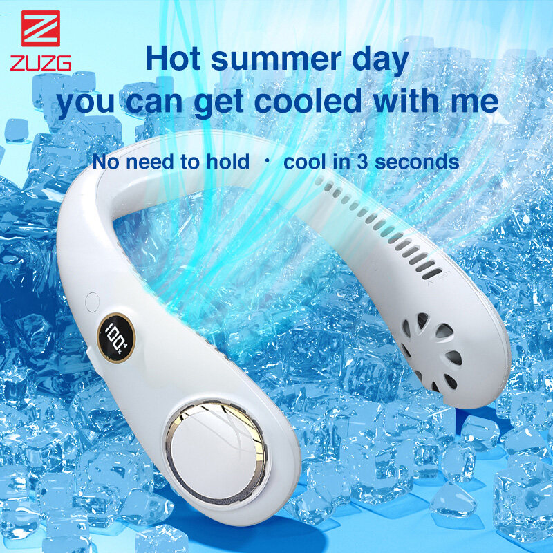 【SG Ready Stock】ZUZG LED Digital Display Portable Sports Leafless Neck Hanging Fan,USB Rechargeable 2000/3000mAh Hands-Free Mini Fan, Pocket Fan, Travel Fan, Earphone Design Mini USB Fan,Wearable Neck
