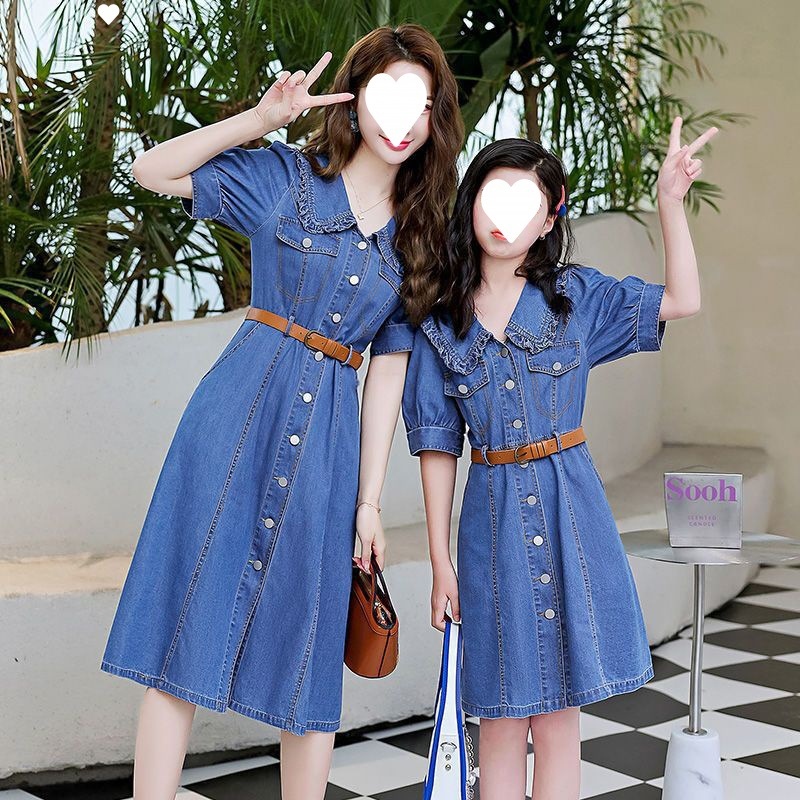 Denim suit high-end parent-child dress 22 summer new m-ughter dress western style slim waist summer dress C423¤▽