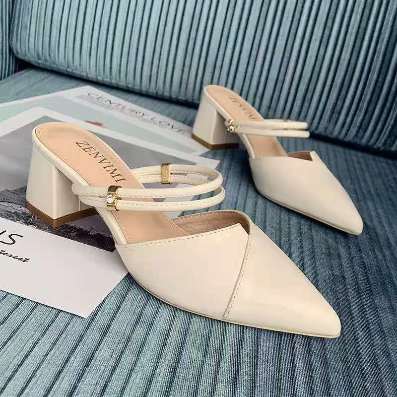 Two- otou s women's 23 summer new pnted toe one-word belt fairy style medium heel thick heel high-heeled women's shoes C427▬◄