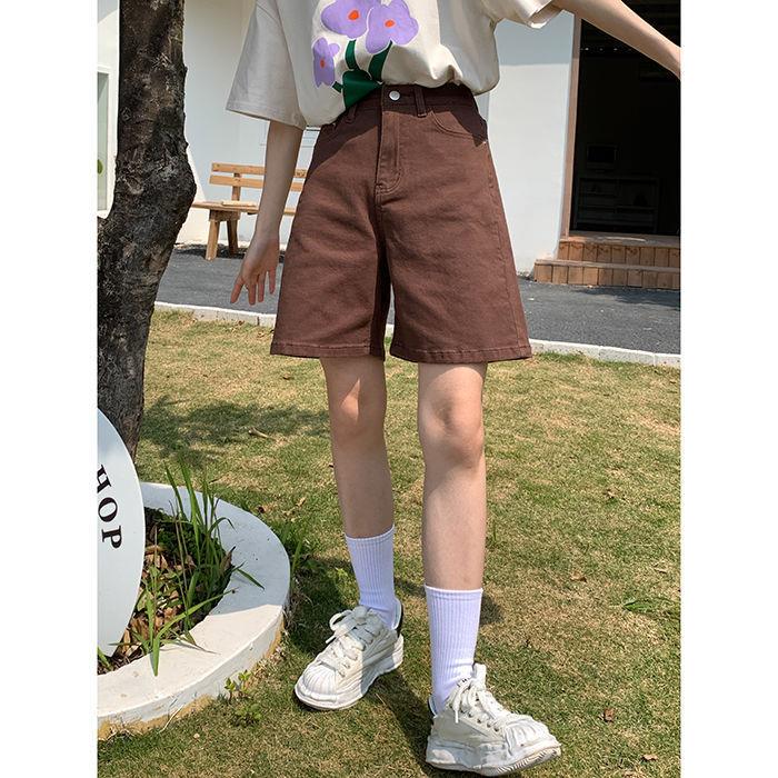 Brown denim shorts women 2023 summer new ins retro high waist slim straight five-point pants trendy
