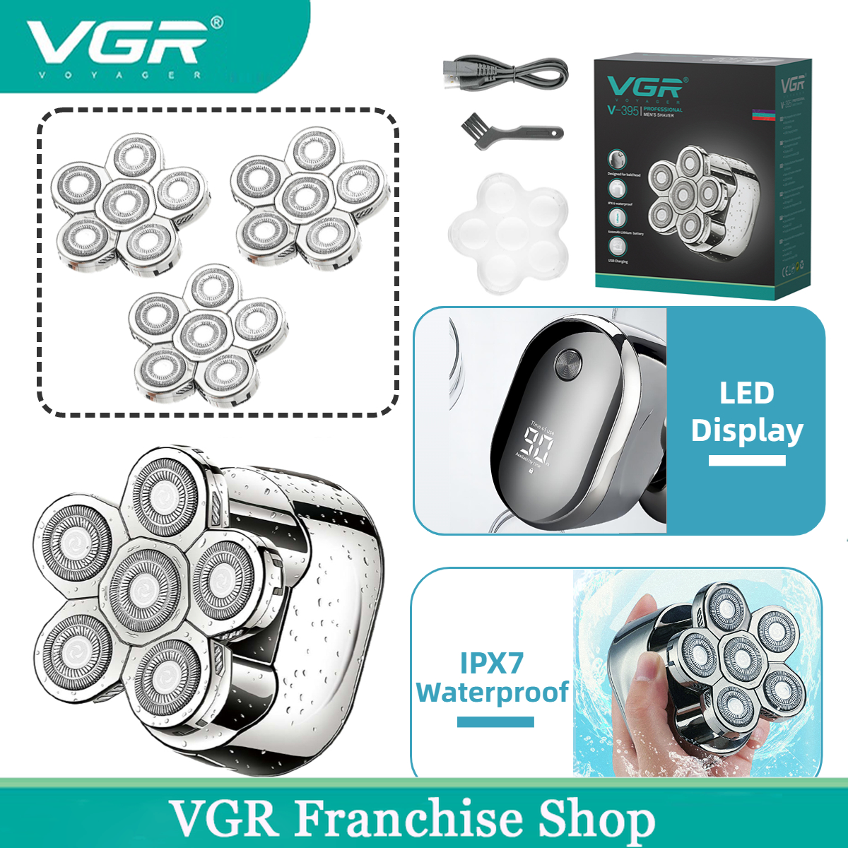 VGR Electric Shaver Professional Shaving Machine Multifunctional Beard Shaver IPX6 Waterproof Cordless Shaver for Man V-395